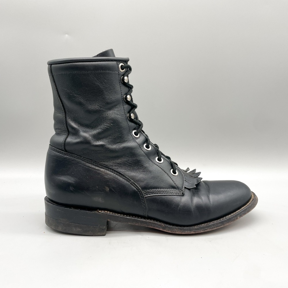 Justin Womens 7B Kiltie Western Boots Black Leather VTG USA Boho Cowgirl Grunge